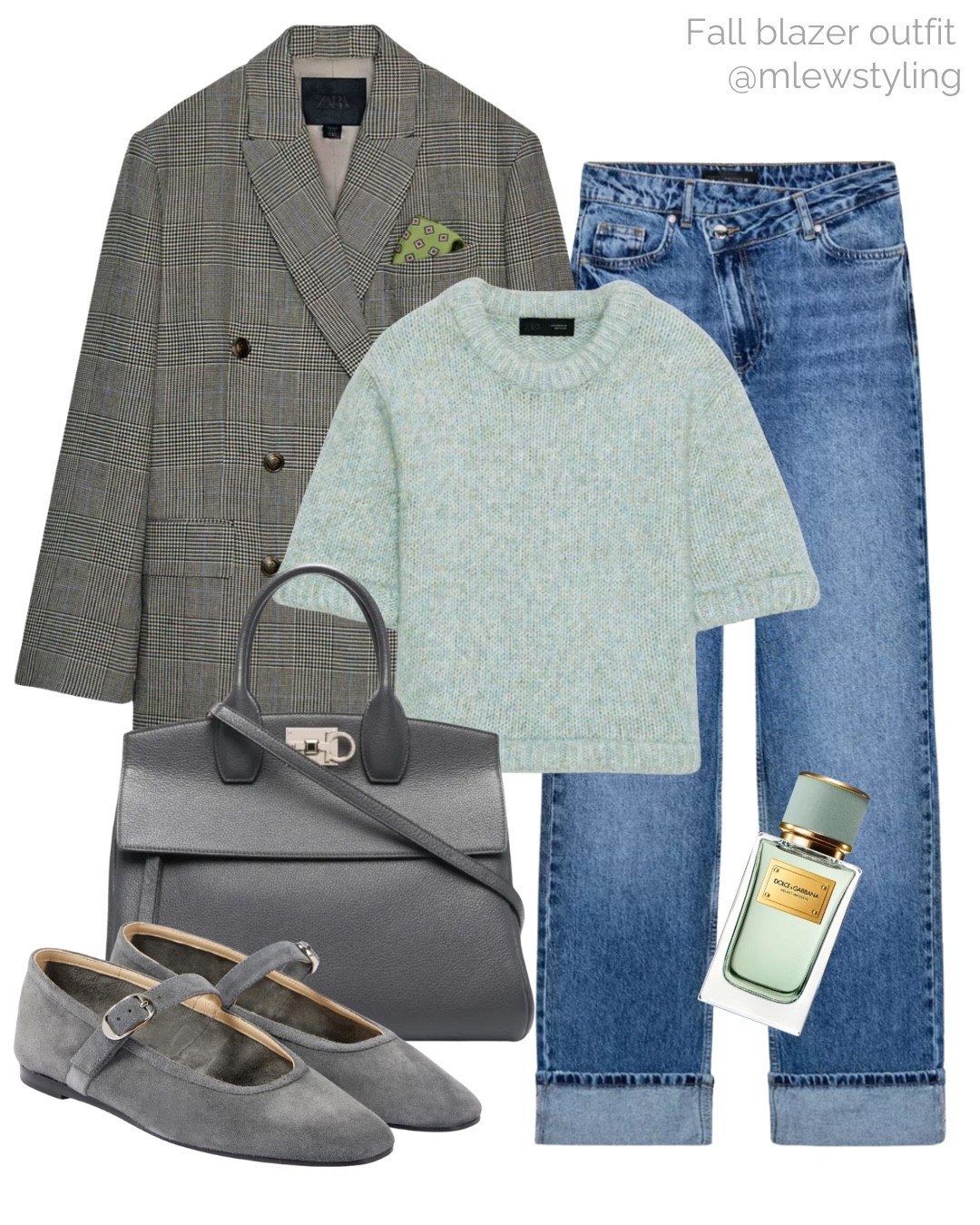 Fall outfit with a Zara blazer and short sleeved mint green sweater 🧚

Tags: autumn fashion, knit t-shirt, cuffed jeans, suede ballet flats, Ferragamo grey leather bag, neutral aesthetic, capsule wardrobe, fall workwear, office outfit 

#LTKSeasonal #LTKItBag #LTKWorkwear