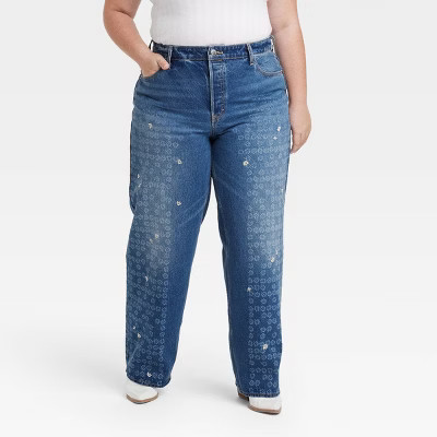 Women's Mid-Rise Embroidered Daisy Baggy Jeans - Universal Thread™ Medium Wash | Target