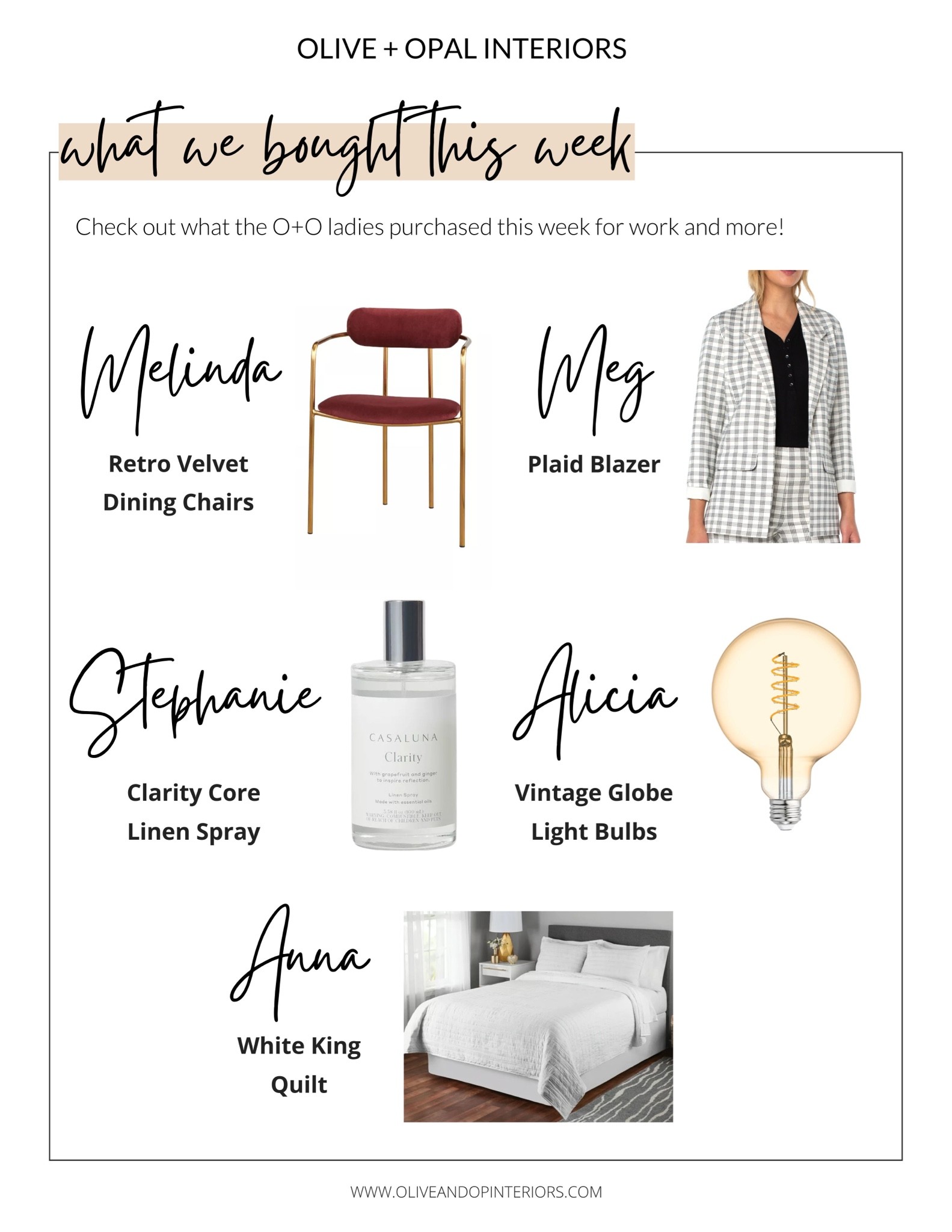 Check out what we bought this week!
.
.
.
Velvet Dining Chairs
Plaid Blazer
Linen Spray
Vintage Light Bulbs
White King Quilt

#LTKunder100 #LTKhome #LTKstyletip