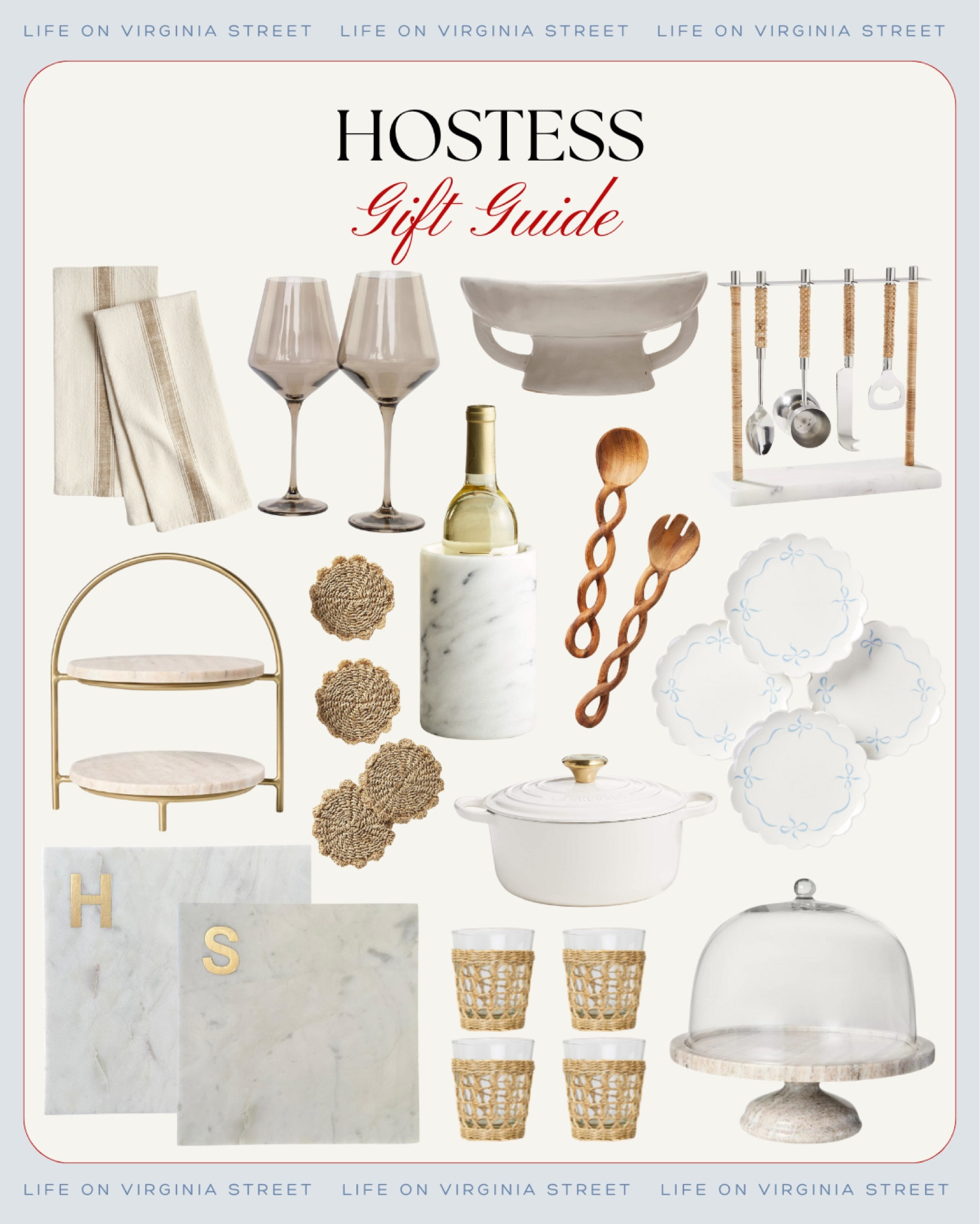 The prettiest gift ideas for the hostess in your life! Mix and match these home items or gift on their own for the party host! Includes smoky gray wine glasses, tea towels, bar tools, woven coasters, marble wine bottle chillers, wood serving spoons, a tiered marble serving set, monogrammed marble serving boards, cake domes, rattan drinking glasses, bow plates, and more! #ltkgiftguide #ltkhome #ltkholiday #ltksalealert #ltkfindsunder50 #ltkfindsunder100 #ltkstyletip #ltkseasonal #ltkparties #ltkover40  

 

#LTKGiftGuide #LTKHome #LTKFindsUnder50