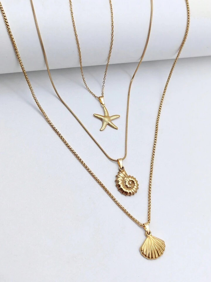 3pcs/Set Fashionable Stainless Steel Ocean Theme Necklace Set - Starfish, Shell, Conch Pendants, ... | SHEIN