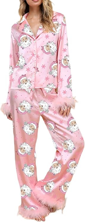 KMBANGI Women Feather Trim Pajama Set Long Sleeve Button Up Top Pants 2Piece Lounge Set Satin Pj ... | Amazon (US)