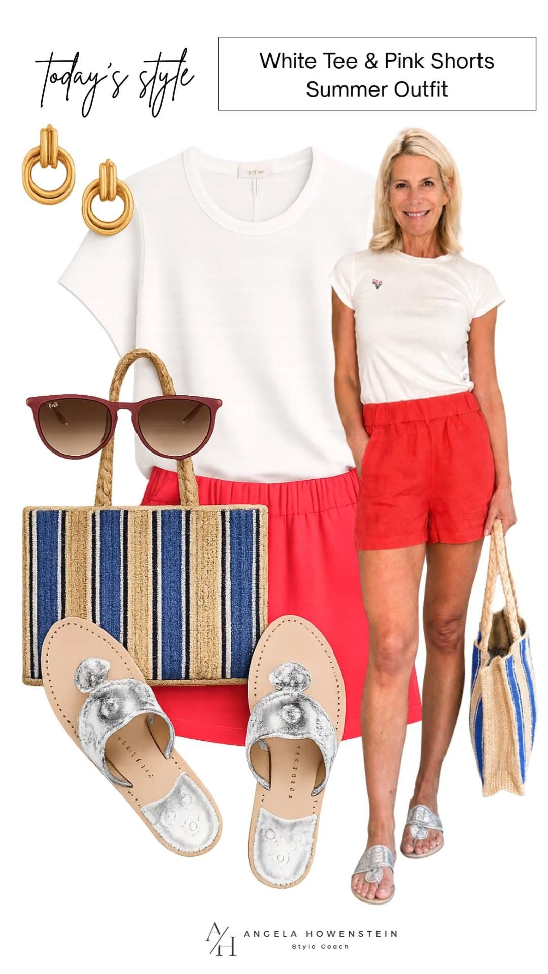 A simple white tee and bright pink shorts are one of my favorite easy summer combinations! Add a striped woven tote, metallic sandals, and gold accessories, and you have an outfit that's comfortable, polished, and ready for anything from errands to vacation.

❤️ Heart = Support my posts
📌 Save = Get sale & restock alerts
🛍️ Follow me on LTK for more effortless everyday style. 

 #LTKootd #LTKSeasonal #LTKOver40