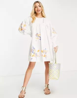 ASOS DESIGN lace insert mini smock dress with patchwork embroidery in white | ASOS (Global)
