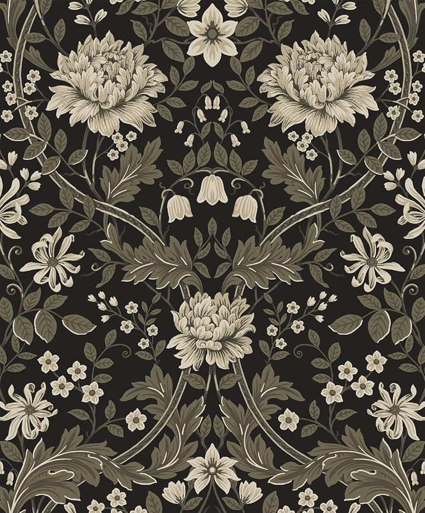 NextWall Honeysuckle Trail Floral Vintage Peel and Stick Wallpaper (Ebony & Pavestone) - Amazon.com | Amazon (US)