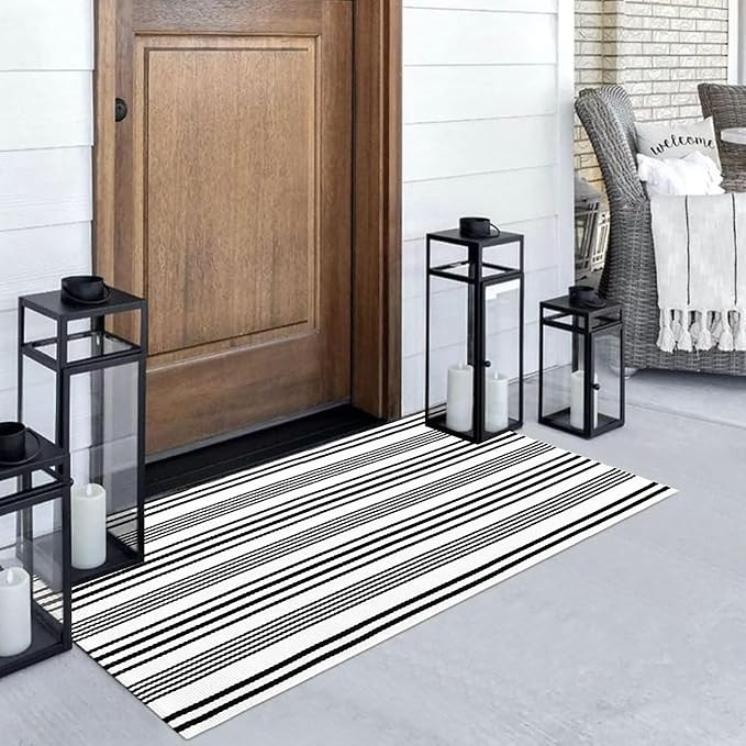 Black and White Striped Outdoor Rug, 2’ x 4.3’ Cotton Hand-Woven Reversible Front Porch Rug W... | Amazon (US)