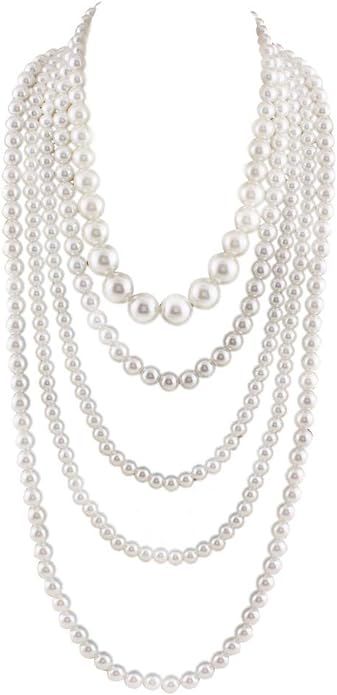 Multilayer Strand Chain Faux Pearls Flapper Beads Cluster Long Choker Necklace | Amazon (US)