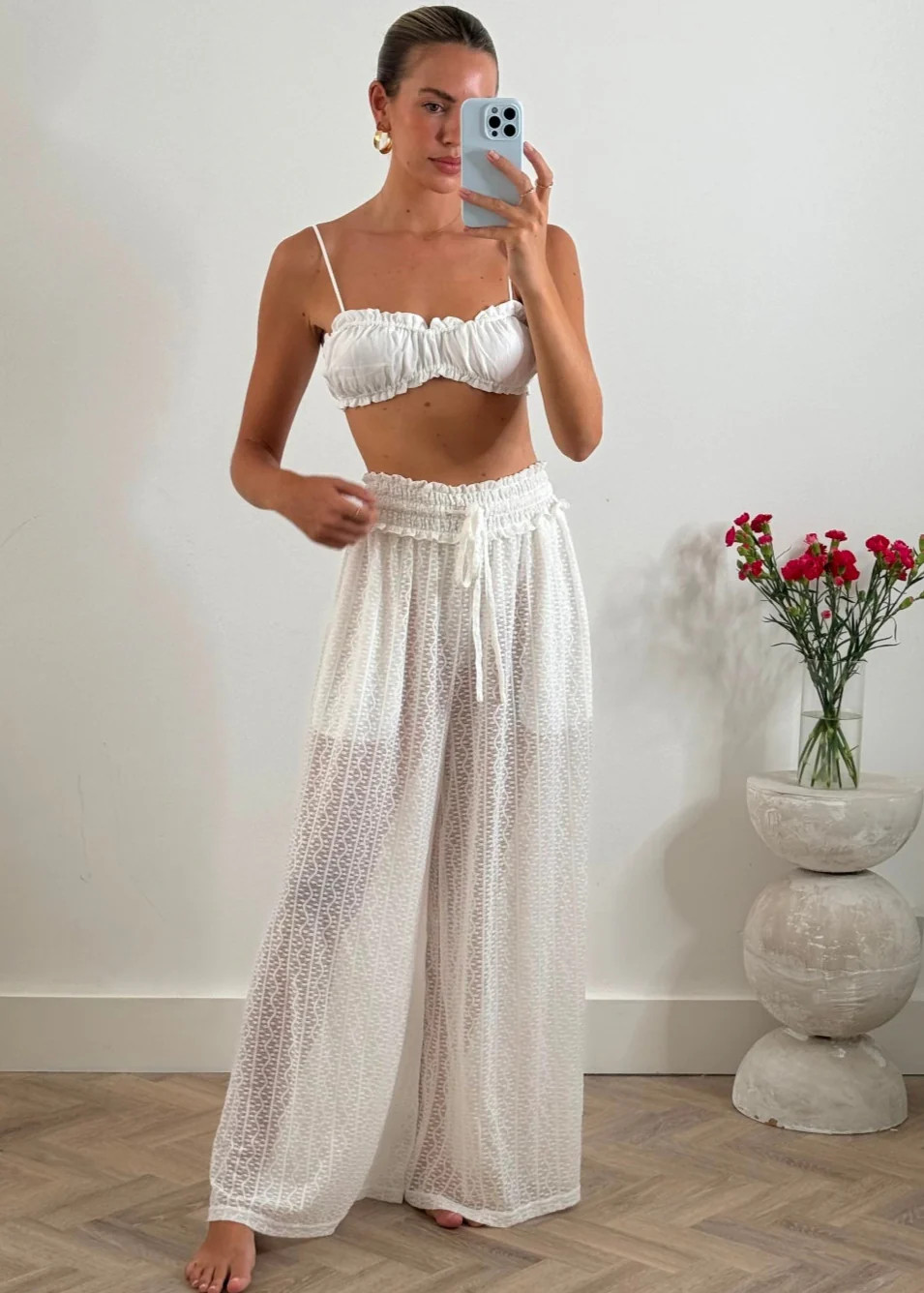 White Stretchy Lace Palazzo Pants Ibiza | outdazl