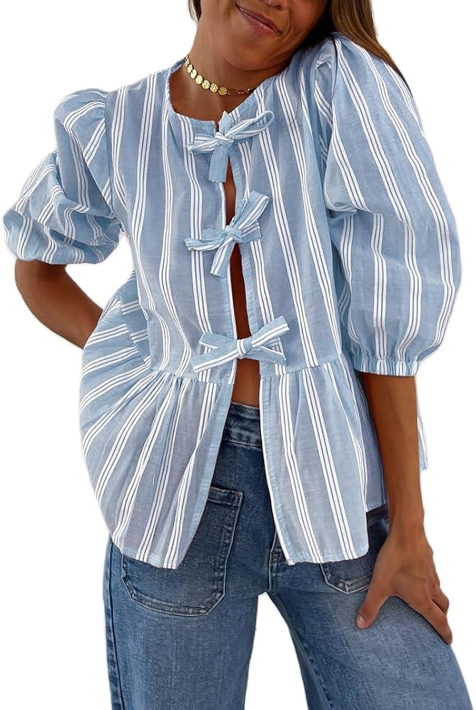 Tie Front Stripe Tops for Women Y2K Puff Short Sleeve Peplum Shirt Cute Tie Up Bow Babydoll Blous... | Amazon (US)
