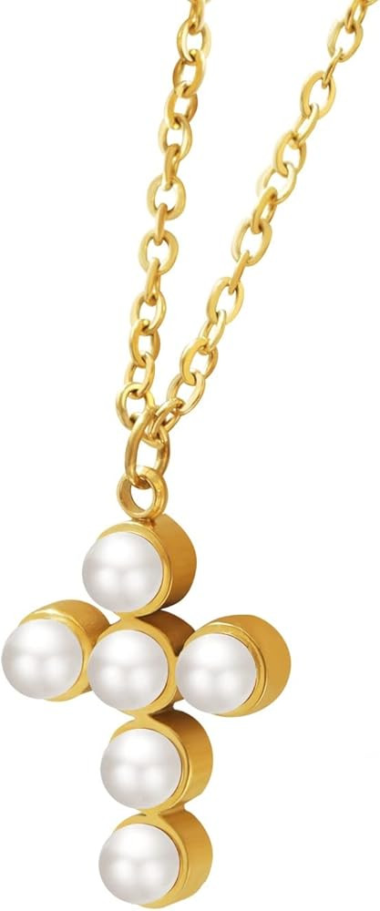 Imitation Pearls Cross Pendant Necklace 18K Gold Plated Dainty Cross Necklace For Women Gold Jewe... | Amazon (US)
