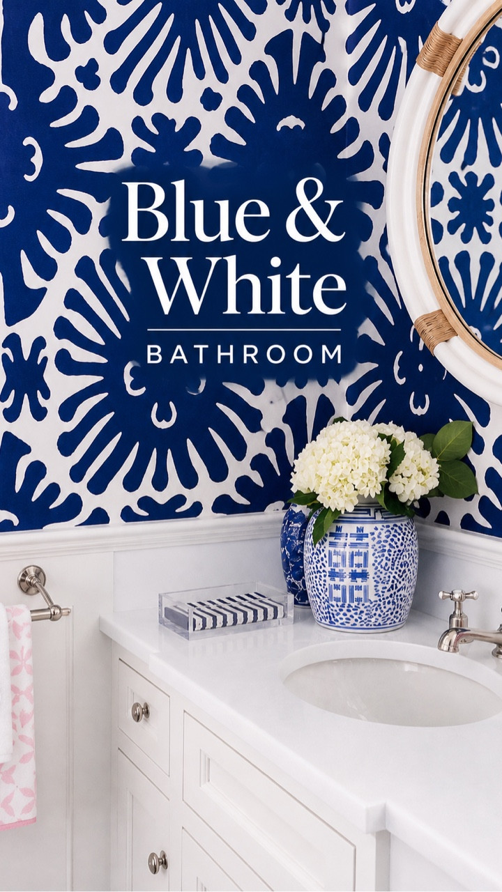 Our blue and white bathroom 💙 The prettiest room in the house, hands down. Comment “blue” and I’ll send over all the sources. #homedecor #bathroomsofinstagram