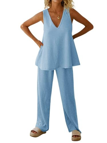 Imily Bela Women's Two Piece Outfits Summer Ribbed Flowy Tank Top and Wide Leg Pants Sets Casual Loungewear | Amazon (US)