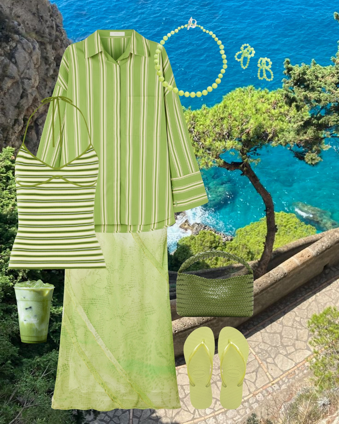 Mallorca Summer Vacation Style | Green Striped Button-Down, Knit Halter Top & Lime Woven Bag 

 #LTKootd #LTKSwim #LTKTravel