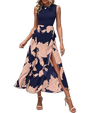 BTFBM Women Casual Sleeveless Summer Dresses 2024 Spring Crewneck Patchwork Boho Floral Ruffle Co... | Amazon (US)