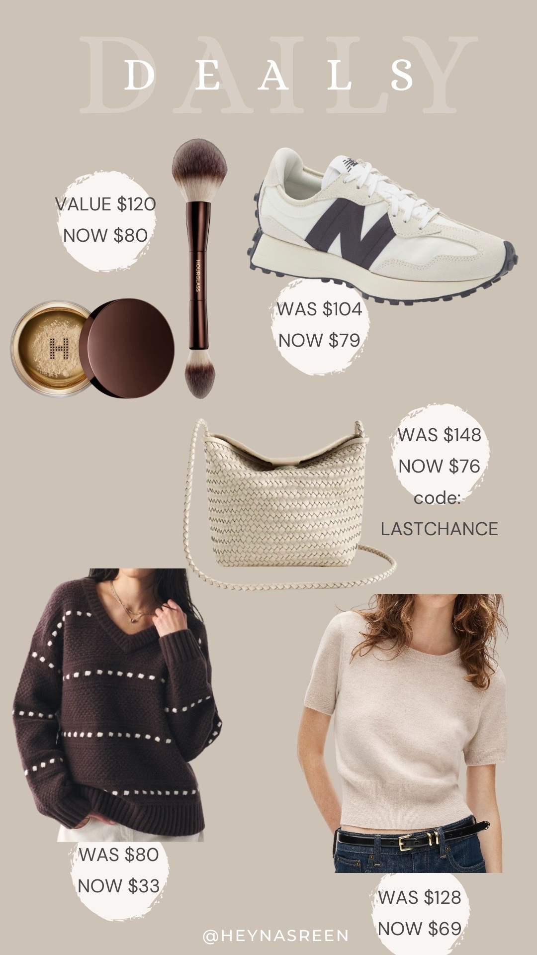 Daily deals on Hourglass powder & brush, New Balance sneakers, Madewell bag, Abercrombie sweater, J.Crew cashmere sweater