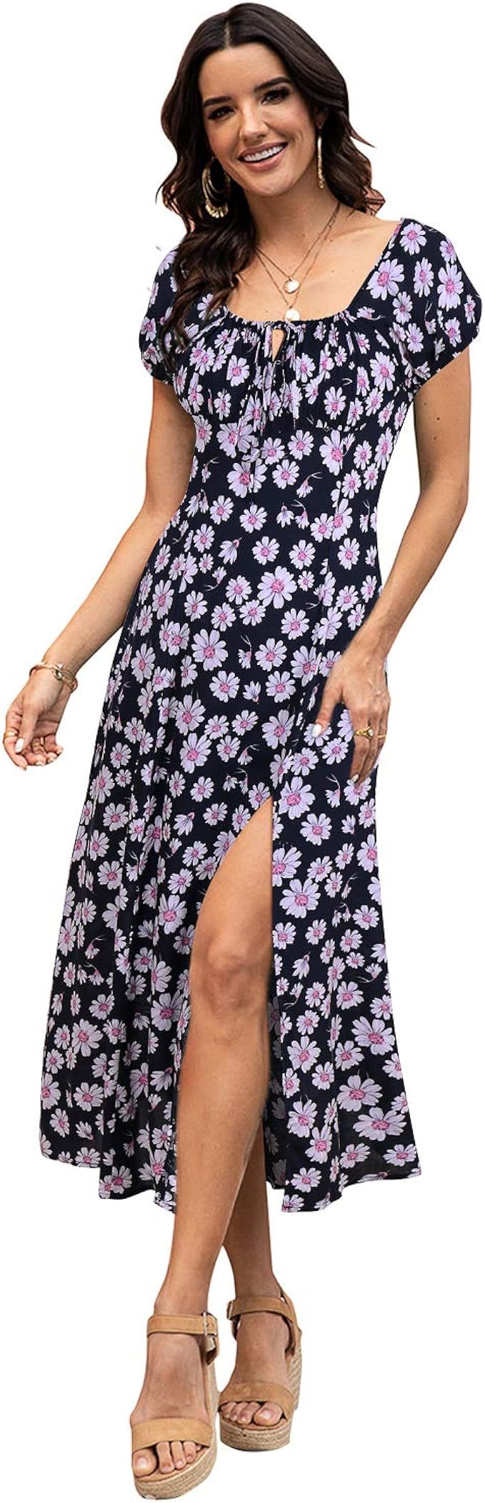 LANISEN Womens Summer Off Shoulder Floral Beach Maxi Dress Sweetheart Neckline Short Sleeve Side ... | Amazon (US)