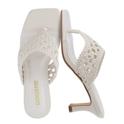 CUSHIONAIRE Sprite Flared Kitten Heels for Women, Square Toe Thong Heeled Sandals with Woven Braided Strap and Slip On Mule Style, BONE 7.5 | Target