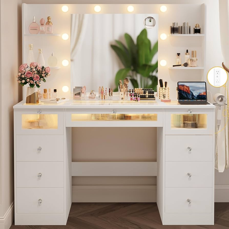 White Vanity with Lighted 23.5\u201d Mirror, Glass Top Vanity Desk with 9 Drawers & 3 Color Holly... | Amazon (US)