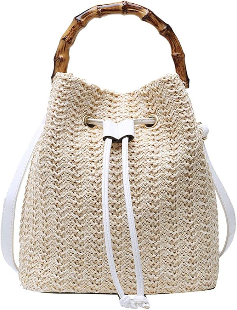 ZLM BAG US Drawstring Straw Bucket Bag Bamboo Joint Handle Tote Purse Pu Leather Strap Crossbody Sho | Amazon (US)