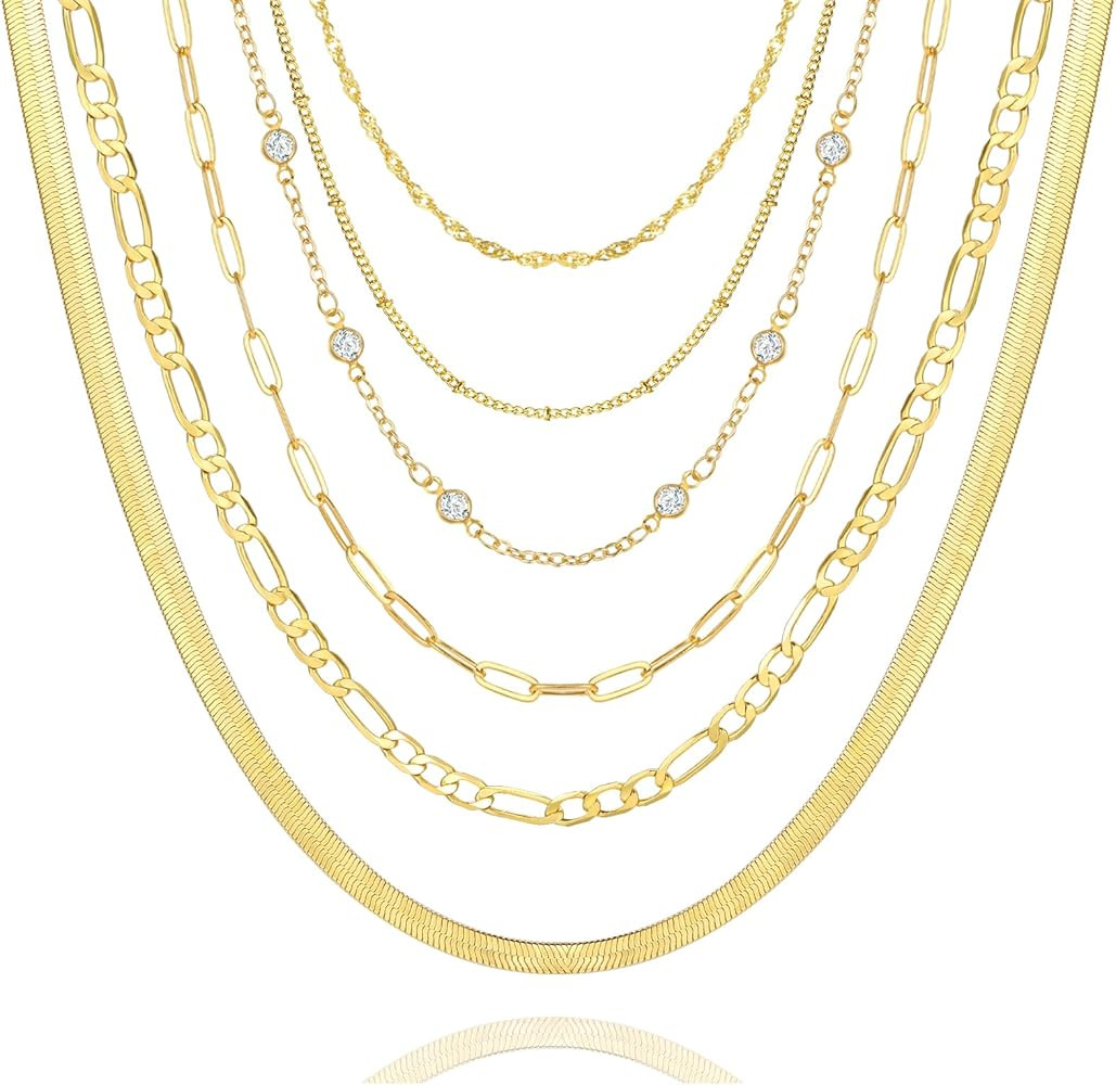 Amazon.com: FAXHION 6PCS Gold Layered Chain Necklaces for Women,18k Gold Dainty CZ Choker Necklac... | Amazon (US)