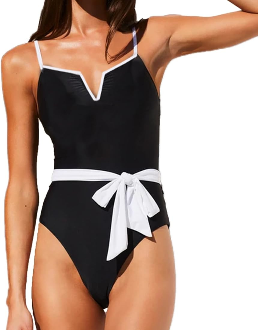 Women' s V- Wired Swimsuits One Piece V Neck Bikini Belted Strap Tie Monokini High Cut Bathing Su... | Amazon (US)