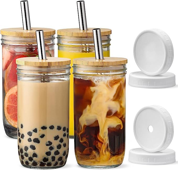[ 4 Pack ] Glass Cups Set - 24oz Mason Jar Drinking Glasses w Bamboo Lids & Straws 2 Airtight Cut... | Amazon (US)