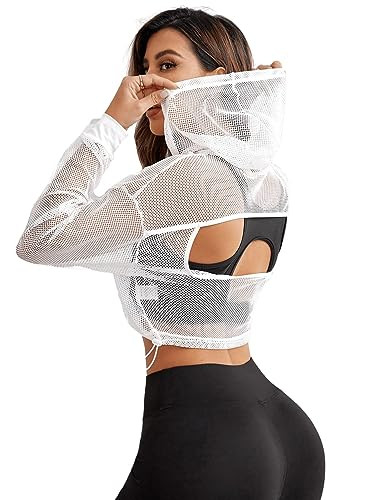 SweatyRocks Women's Activewear Long Sleeve Hollow Out Drawstring Hooded Sweatshirt Sports Crop Top White XL | Amazon (US)