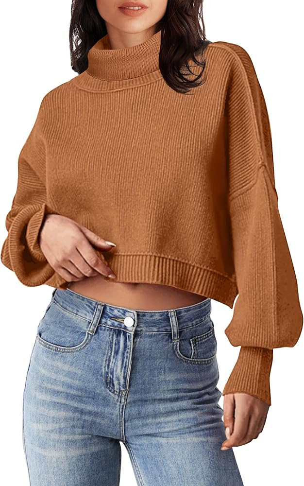 MEROKEETY Women's Turtleneck Cropped Sweater 2024 Batwing Sleeve Oversized Ribbed Knit Pullover J... | Amazon (US)