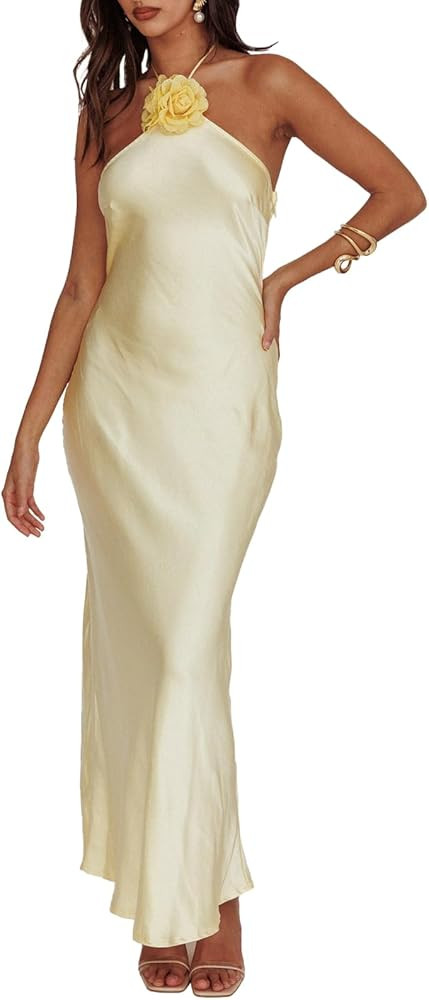 Summer Satin Halter Backless Maxi Dresses for Women 2025 Silk Sleeveless Formal Wedding Guest Lon... | Amazon (US)