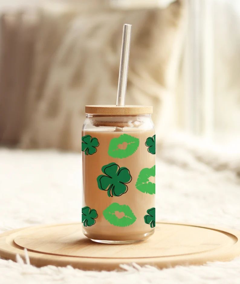 St Patrick's Day Glass Cup, Cute Glass Cup, Tumbler with Bamboo Lid and Straw, Iced Coffee Cup, G... | Etsy (US)