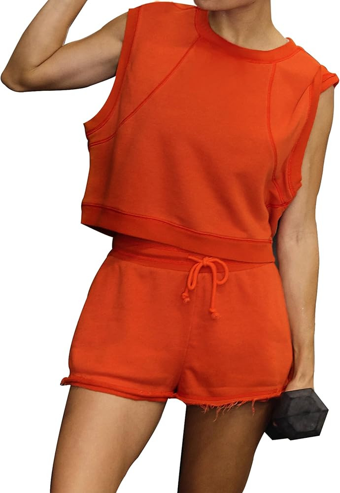 Womens Summer Two Piece Sets Cap Sleeve Crop Top and Drawstring Shorts with Pockets Tracksuit Out... | Amazon (US)