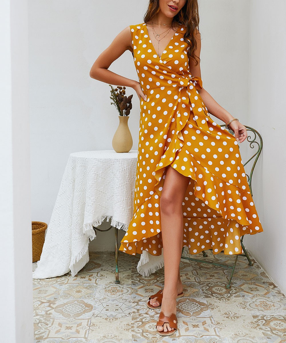 Suvotimo Women's Casual Dresses Yellow - Yellow Polka Dot Ruffle Wrap Dress - Juniors | Zulily