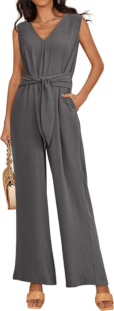PRETTYGARDEN Summer Outfits 2024 Wide Leg Jumpsuits for Women Casual V Neck Sleeveless Belted Hig... | Amazon (US)