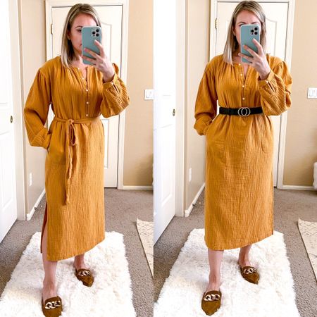 This dress is perfect for fall. Soft gauze fabric and it fits tts. I’m wearing an Xs and I’m 5’1.






Fall dress 
Fall outfit 


#LTKunder50 #LTKstyletip #LTKSeasonal