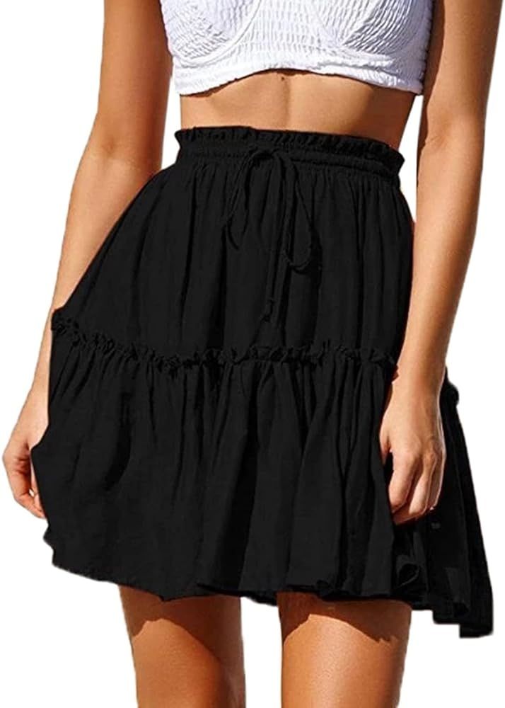 Womens Girls Floral Flared Short Skirt Cute High Waist Ruffle Skirt Beach Mini Skirt | Amazon (US)