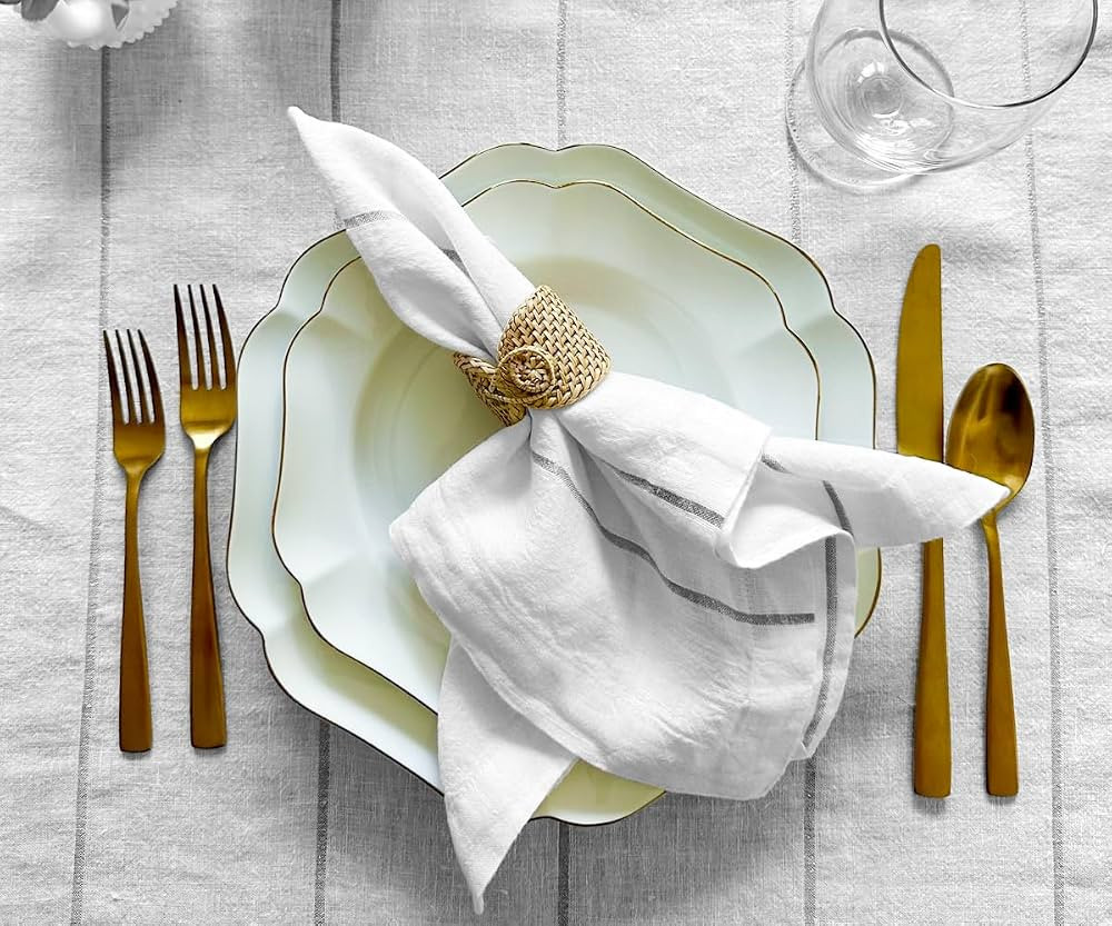 White and Silver Napkins, Linen Striped Napkins, 100% Pure Linen Dinner Napkins, Silver Linen Nap... | Amazon (US)