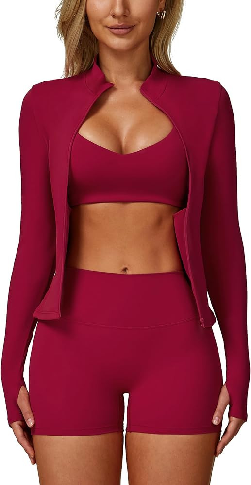 ABOCIW 3 Piece Workout Sets for Women Zipper Long Sleeve Jacket Y Back Sports Bra High Waist Shor... | Amazon (US)