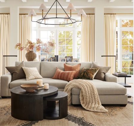 Cozy living room style at Pottery Barn! Shop nestled tables on sale, best selling large sofa, sectional on sale, , area rug, light fixture, textured throw pillows, throw blankets, fall stems, decor pieces on clearance, rattan vase. Interior design, neutral fall, home decor accessories. Free shipping. #LTKunder50

#LTKhome #LTKsalealert