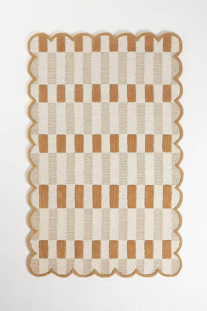 Hand-Tufted Wool Area Rug with Scalloped Edges, Neutral Beige Plaid Pattern, Cozy Soft Accent Rug... | Amazon (US)