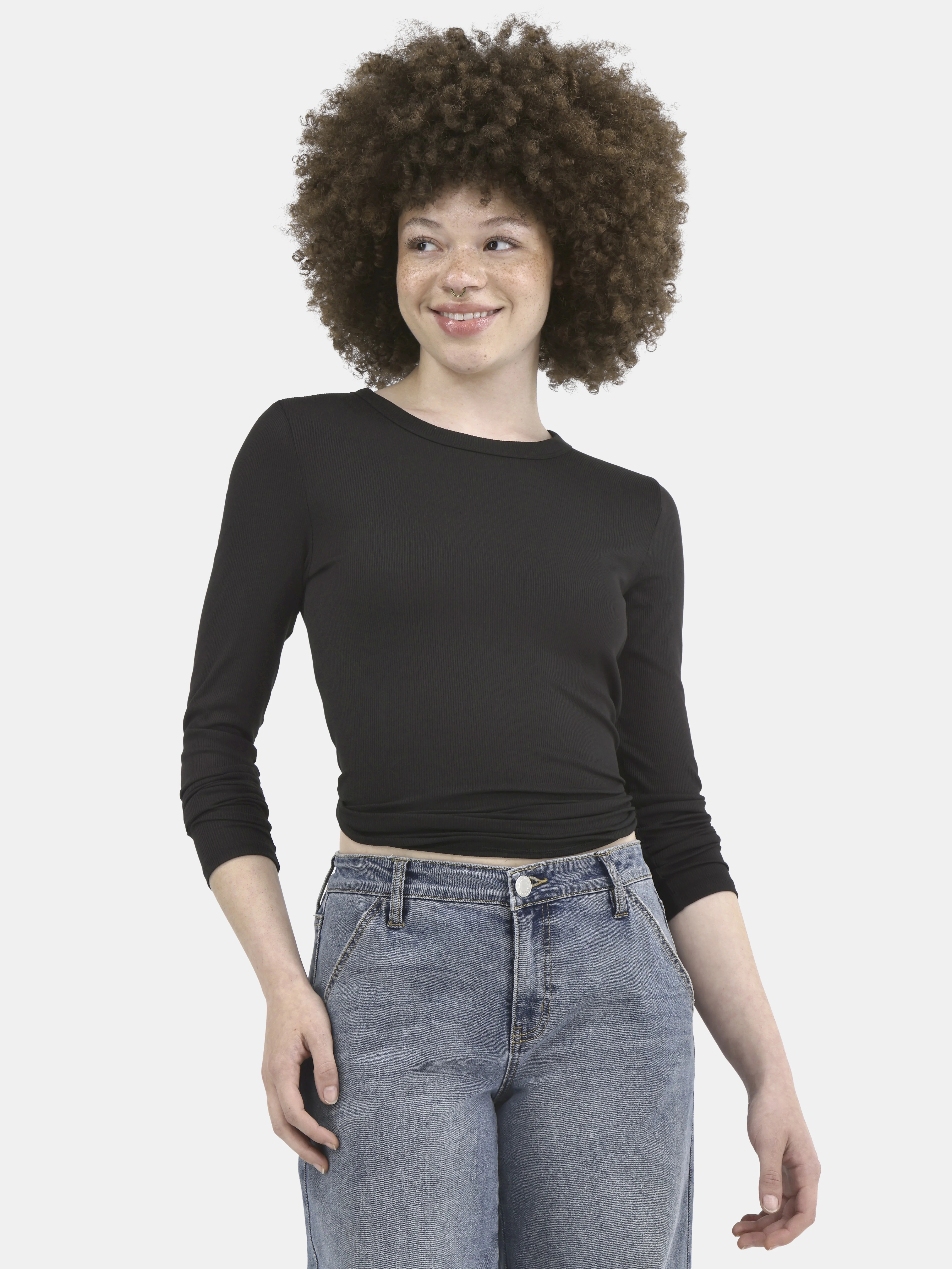 No Boundaries Ribbed Crewneck Tee with Long Sleeves, 1 or 2-Pack, Women's - Walmart.com | Walmart (US)