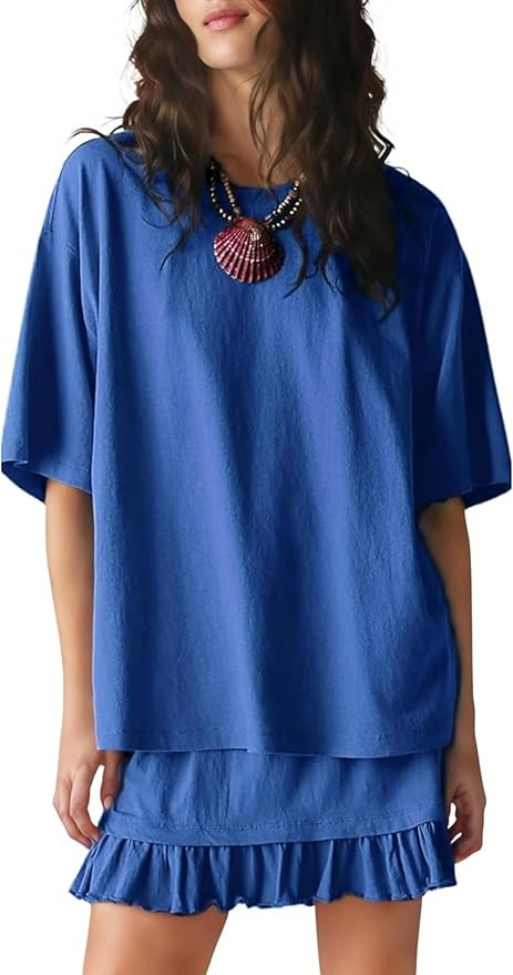 Esmeling Women Summer 2 Piece Skirt Sets Round Neck Short Sleeve Outfits Casual Tops and Pleated ... | Amazon (US)