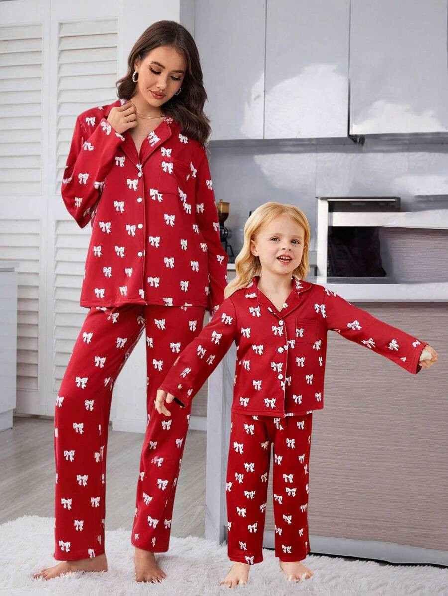 Young Girls Pajamas Set - 2pcs Long Sleeve Shirt With Collar & Ruffle Bow Decor And Long Pants, C... | SHEIN