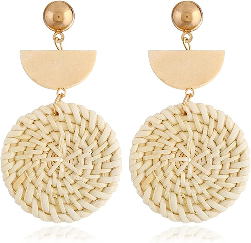 Rattan Earrings Lightweight Geometric Rattan Dangle Earrings Woven Bohemian Earrings Summer Beach... | Amazon (US)