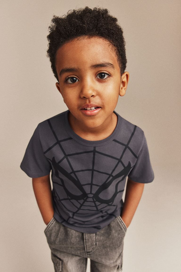 Printed cotton T-shirt - Dark grey/Spider-Man - Kids | H&M GB | H&M (UK, MY, IN, SG, PH, TW, HK)