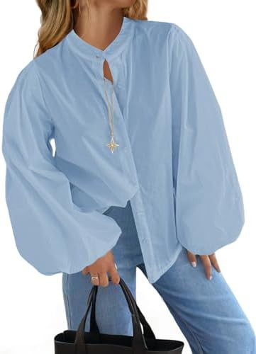 Tankaneo Womens Lantern Sleeve Button Down Shirts Oversized Mock Neck Blouse Trendy Casual Loose ... | Amazon (US)