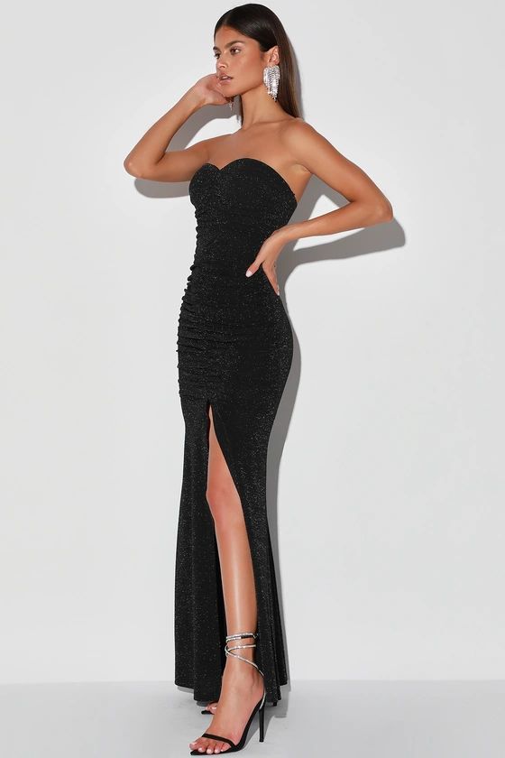 When Magic Happens Black Glitter Ruched Strapless Maxi Dress | Lulus (US)