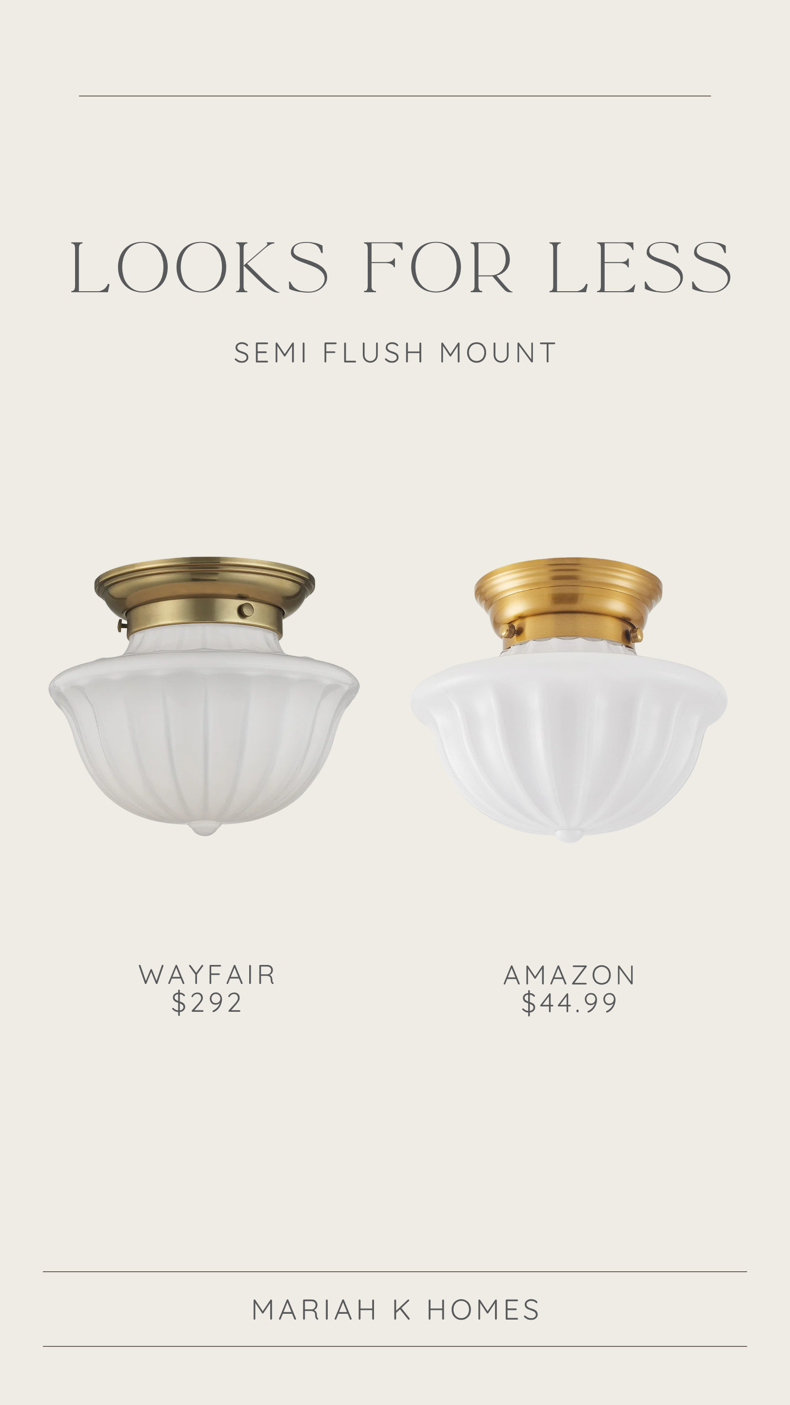 This look for less is SO good! Nearly identical to the designer version, from the beautiful shape and milky white finish to the timeless brass hardware. And the price difference?! Roughly $300 vs. just $45! #LookForLess #DesignerLookForLess #Lighting #PendantLight #HomeDecor #AffordableHomeDecor #InteriorInspo #DesignerInspired #mariahkoehle #mariahkhomes #socialagentcircle #expluxury #exprealty 

 #LTKHome #LTKSaleAlert