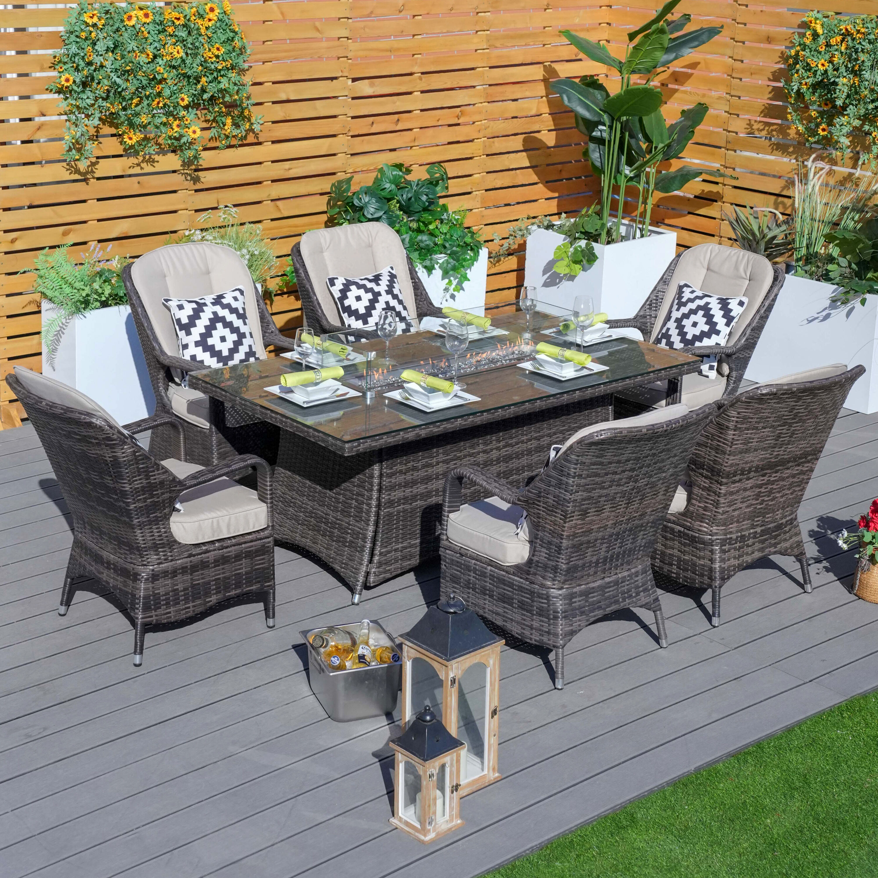 Moda Furnishings 7 -Piece Brown Wicker Patio Dining Set Wicker Rectangle Table with 6 Tan Cushions Stationary Chairs Fire Pit Included one_size | Lowe's