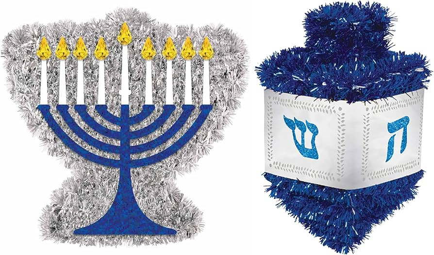 Hanukkah Decorations: Menorah & Dreidel Tinsel Decor for Tabletop or Hanging - Blue & Silver Chan... | Amazon (US)