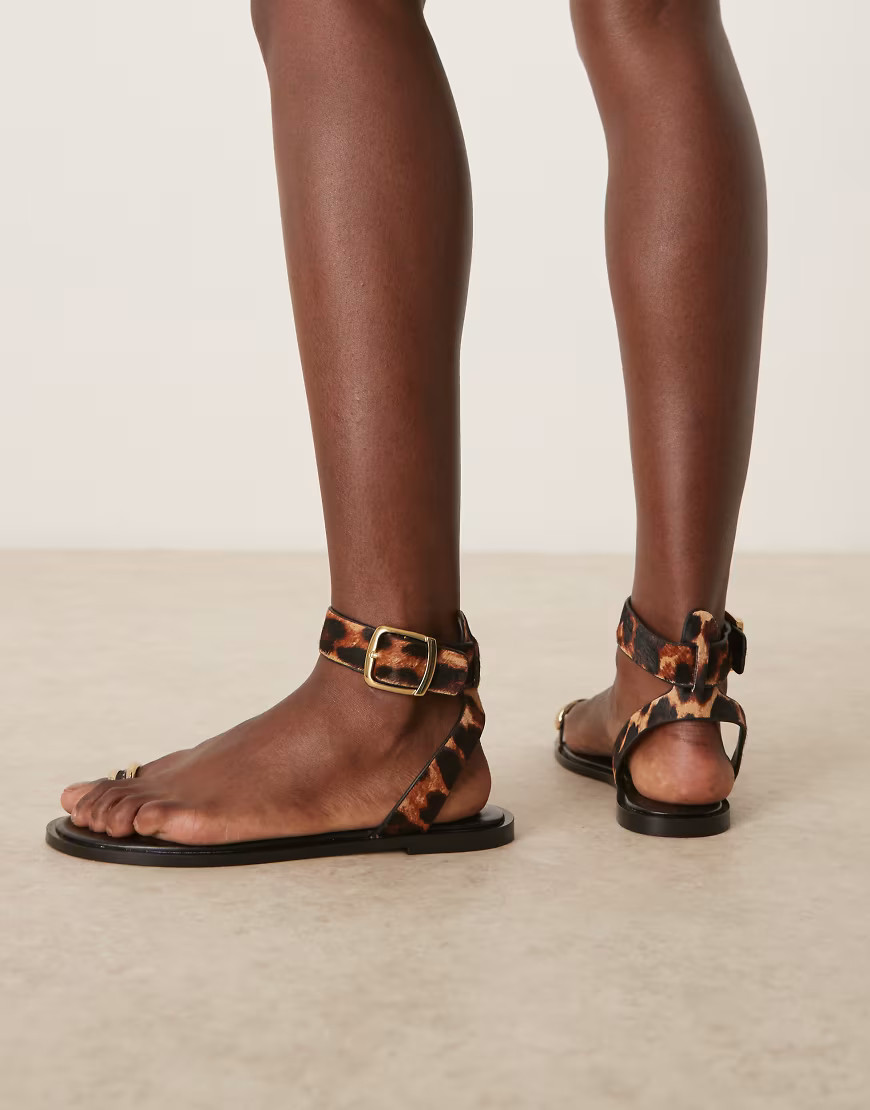 Mango gold toe ring detail leopard print sandals in black | ASOS (Global)